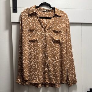Maurice’s Polka Dot Flowers Button-Up Blouse XL 
Brown and White Top Shirt